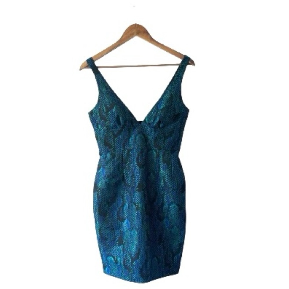 New Jaygodfrey Blue Green Snakeskin V-Neck Cocktail Mini Midi Dress Formal Sz 2